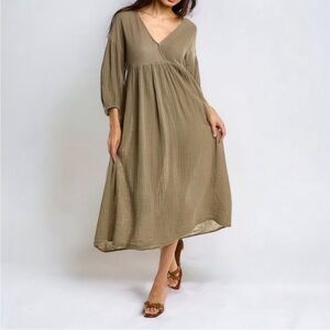 Michael Stars Isabella Empire Waist Midi Dress olive green gauzy peasant boho S